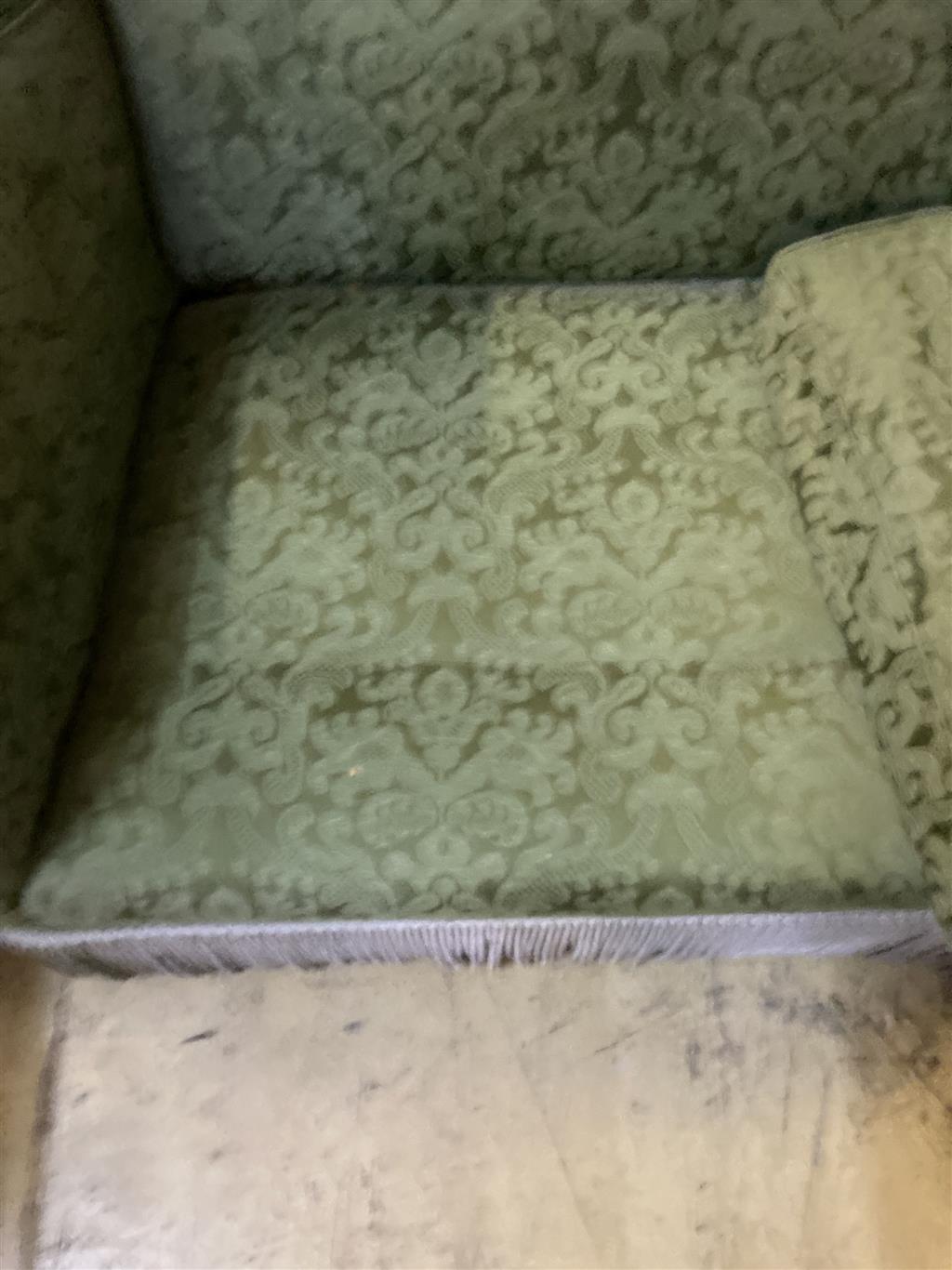 A green damask two seater sofa, width 135cm, depth 70cm, height 100cm